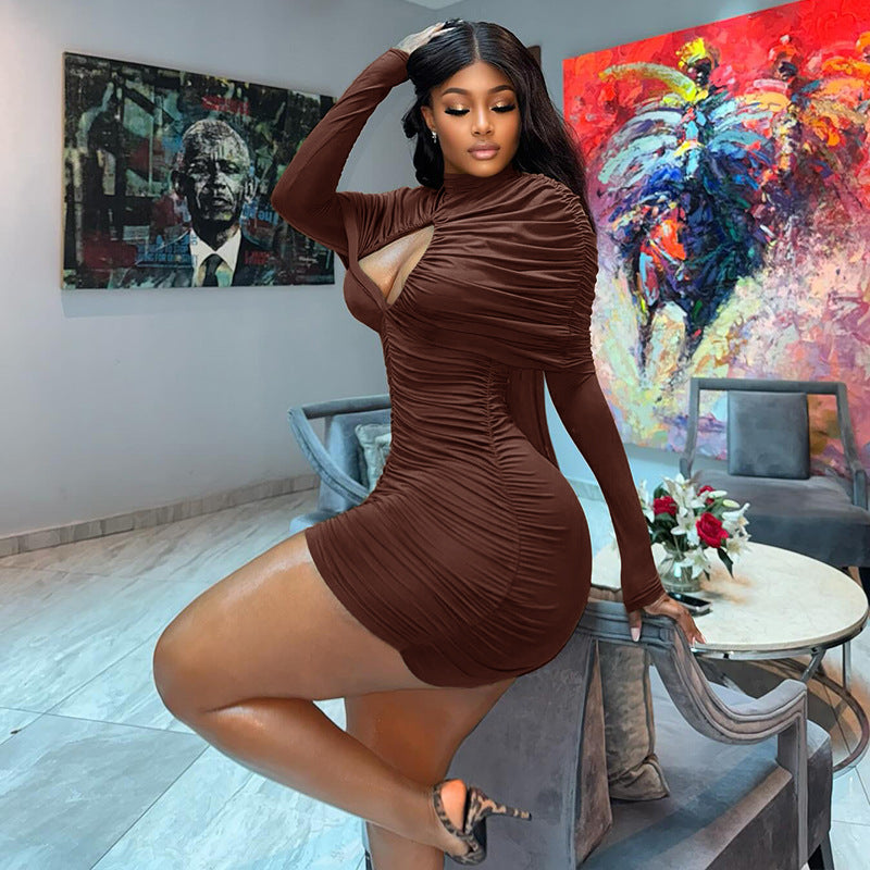 Design Trendy Women Clothing Sexy Cutout Hip Slim Fit Turtleneck Long Sleeve Western Short Dress by Ragazza