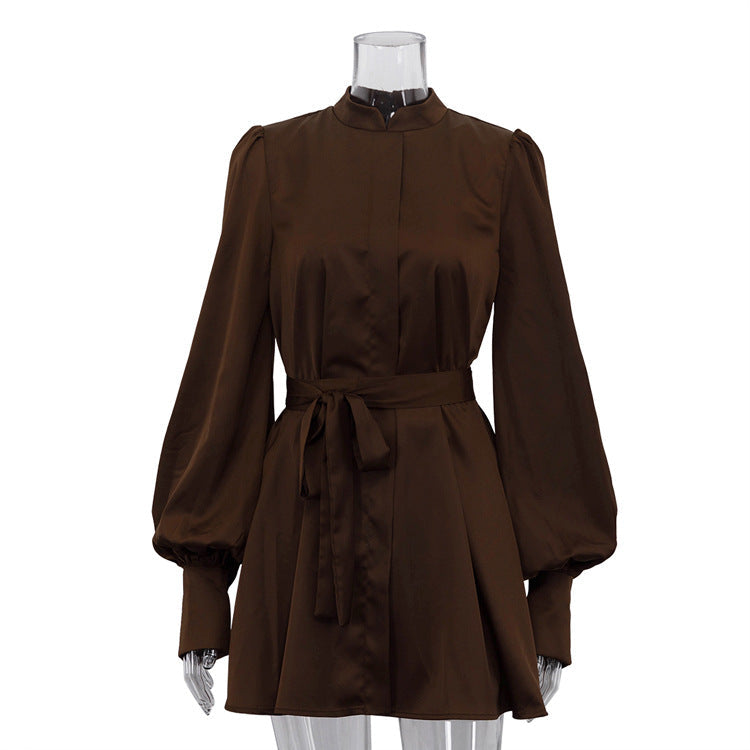 Women Clothing Autumn Stand up Collar Long Sleeved Lace up A line Short Dress by Ragazza