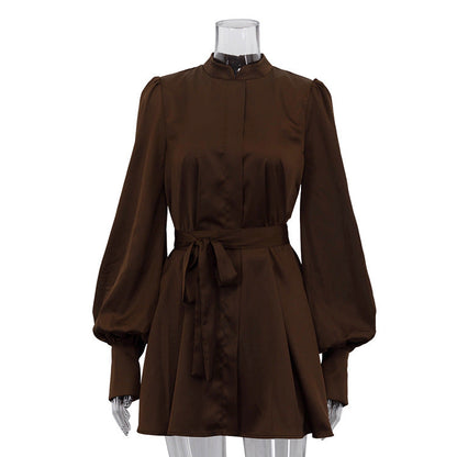 Women Clothing Autumn Stand up Collar Long Sleeved Lace up A line Short Dress by Ragazza