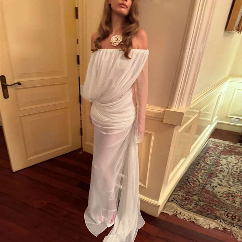 Spring Summer Women Clothing Sexy Mesh Solid Color off Shoulder Sheer Long Sleeve Dress Women by Ragazza