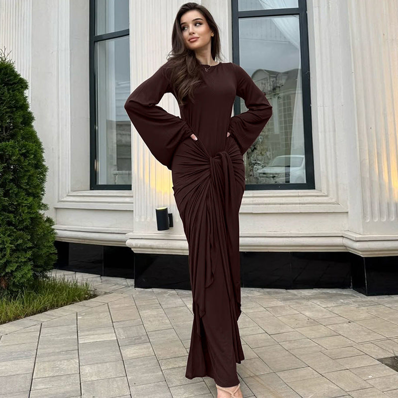 Women Clothing Autumn Pleated Waist Tight Lace up Long Sleeve Dress Women by Ragazza