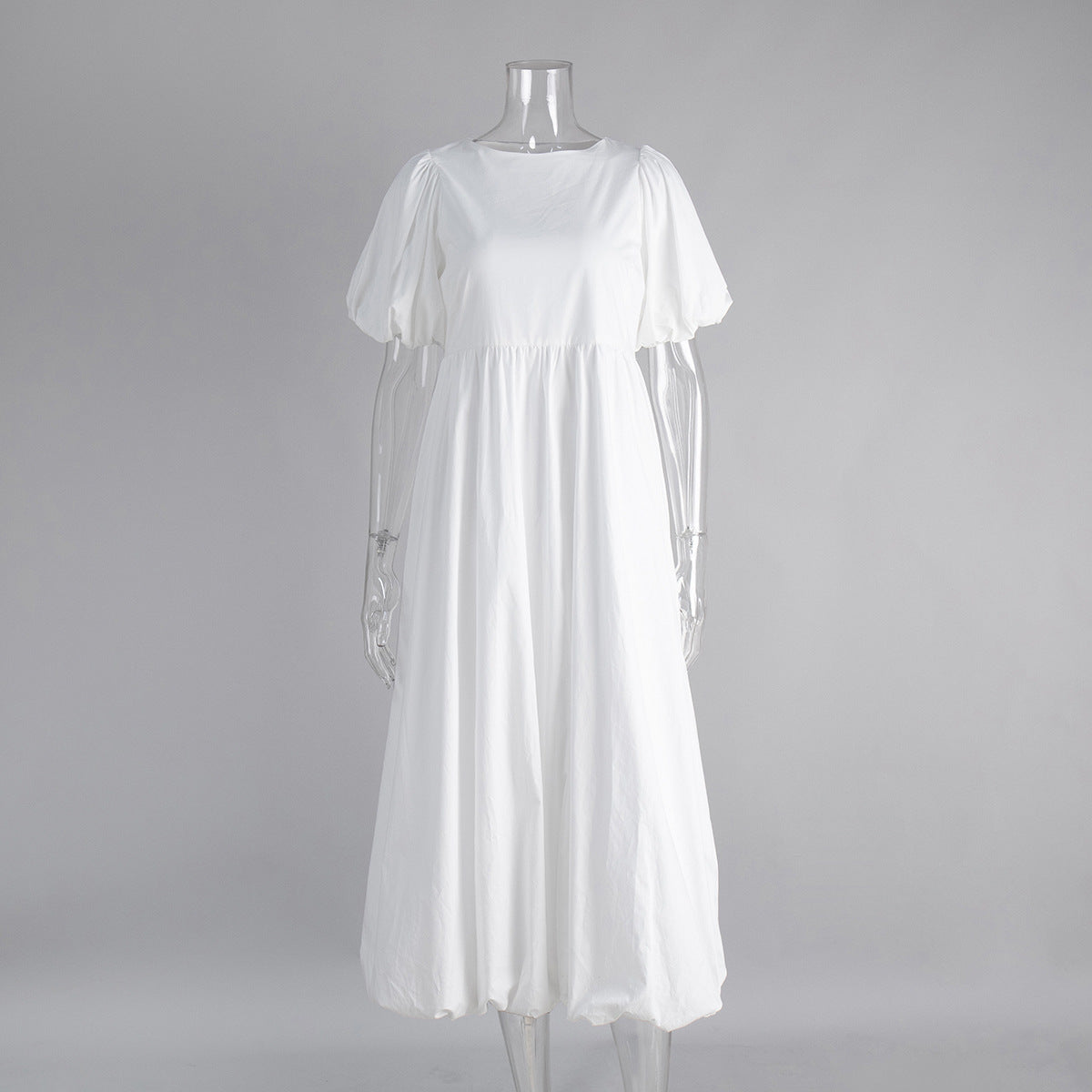 Cotton round Neck Puff Sleeve Dress Spring Summer Solid Color Loose Casual Dress for Women by Ragazza