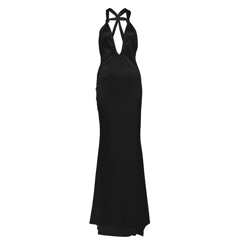 Autumn Winter Women Solid Color Sexy Deep V Plunge neck Backless Formal Dress Strap Dress by Ragazza