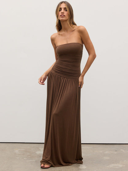 Women Clothing Solid Color Sleeveless Backless Slim Fit Pleated Tube Top Maxi Dress by Ragazza