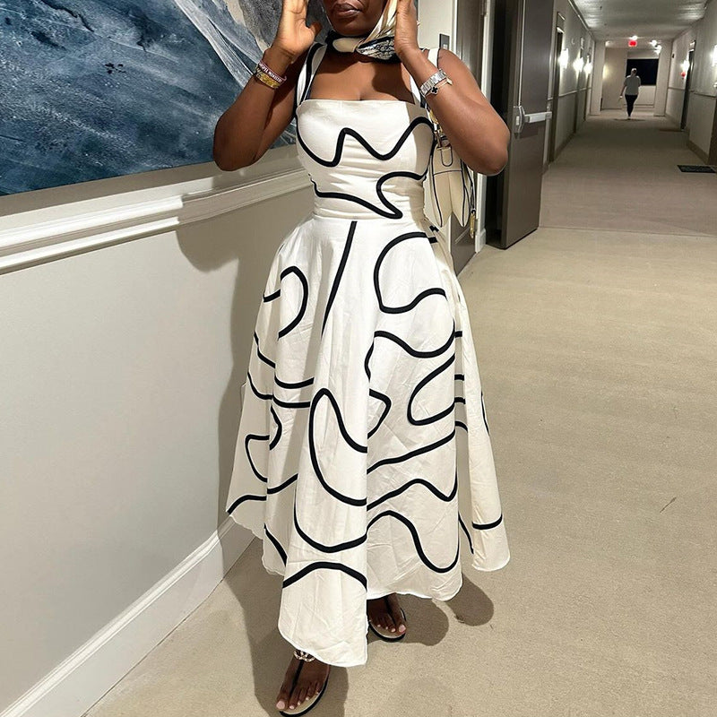Women Clothing Summer Square Collar Printed Waist Controlled Slimming Mid Length Sling Dress by Ragazza