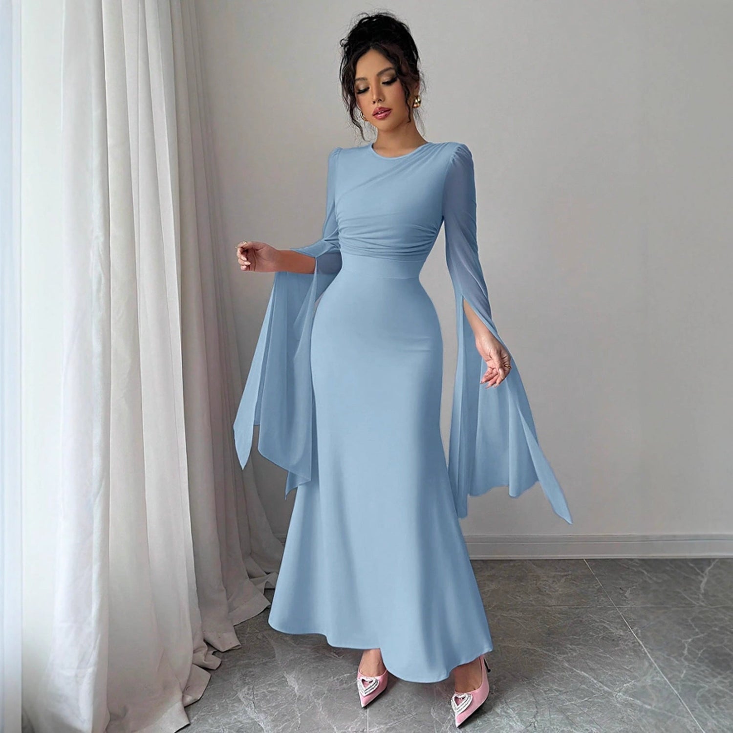 Spring Stitching Mesh Large Swing Sleeves Sexy Slim Fit Fishtail Dress by Ragazza