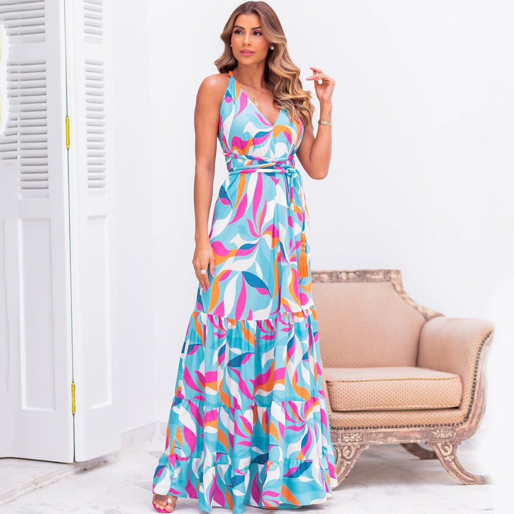 Summer Slimming Printed Dress Cinched Mid Length Dress Office Backless Slip Dress  DestGlow
