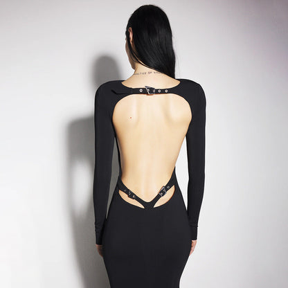 Women Clothing Summer Sexy Long Sleeve Backless Lace Hip Elastic Metal Decoration Dress by Ragazza