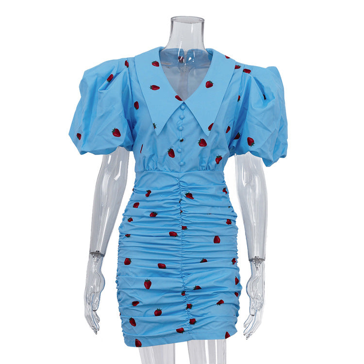 Summer Printed Short Dress Women Clothing Collared Puff Sleeve Pleated Hip by Ragazza