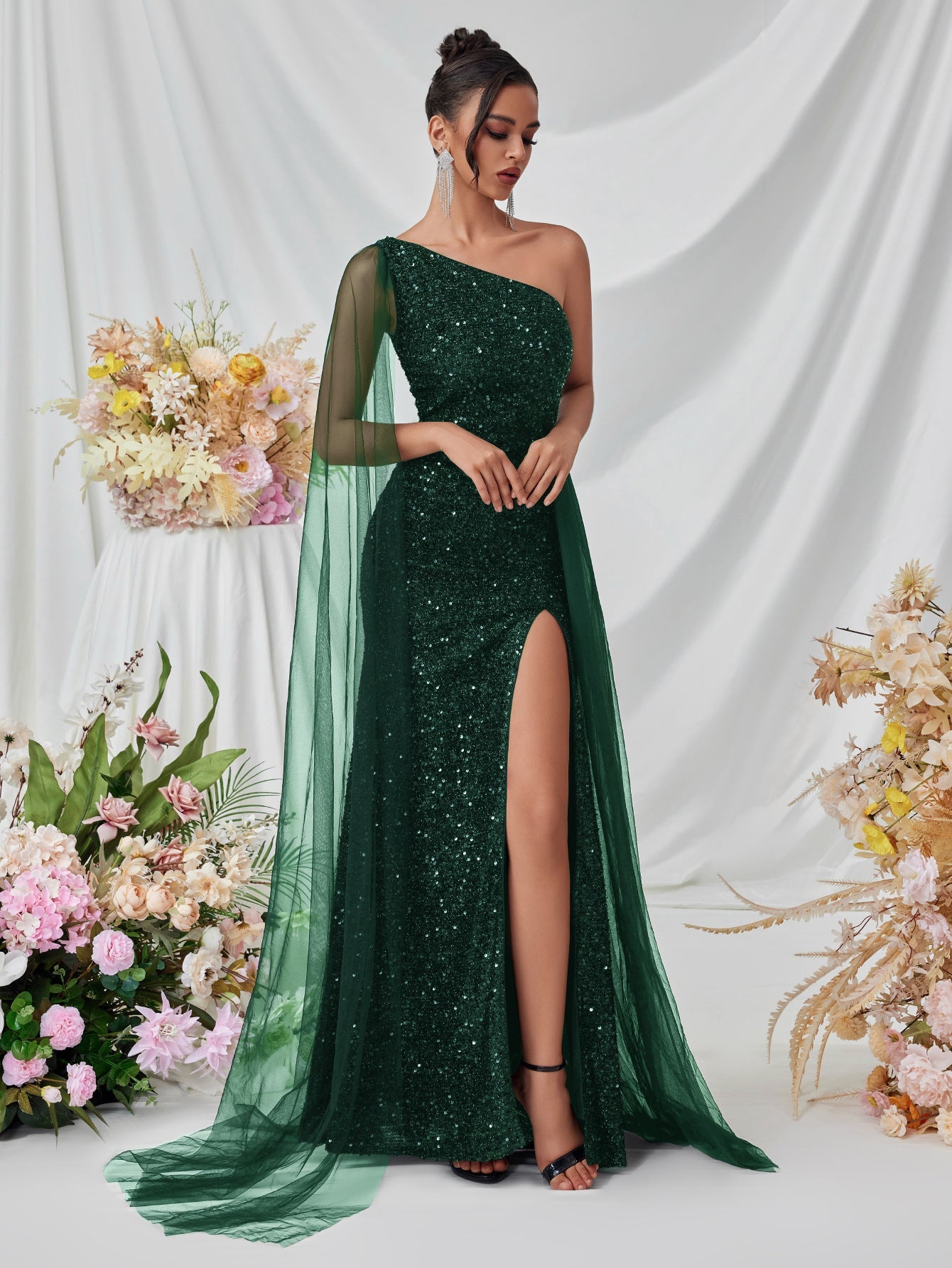 Shoulder Sequined Evening Dress Mesh Ribbon High Slit Design the Dinner Party Stage Maxi Dress by Ragazza