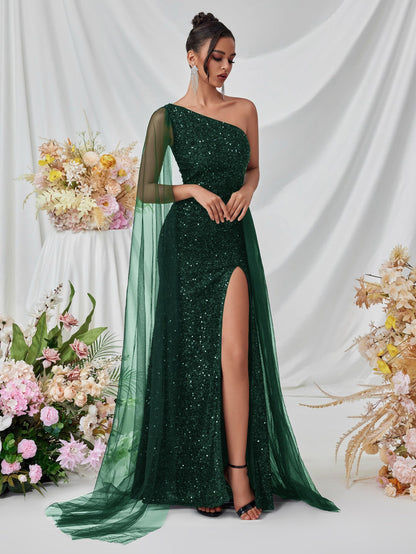 Shoulder Sequined Evening Dress Mesh Ribbon High Slit Design the Dinner Party Stage Maxi Dress by Ragazza