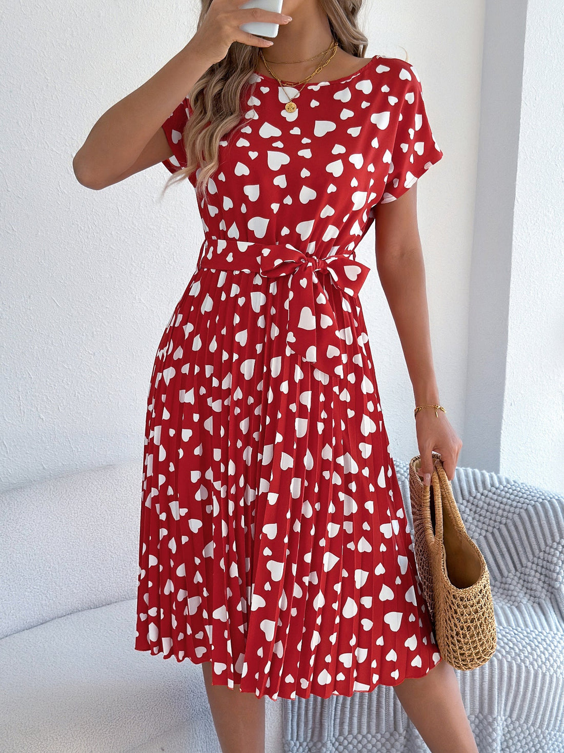 Valentine Day Gift Spring Summer Casual Contrast Color Love Heart Short Sleeve Waist Controlled Pleated Dress Women Clothing by Ragazza
