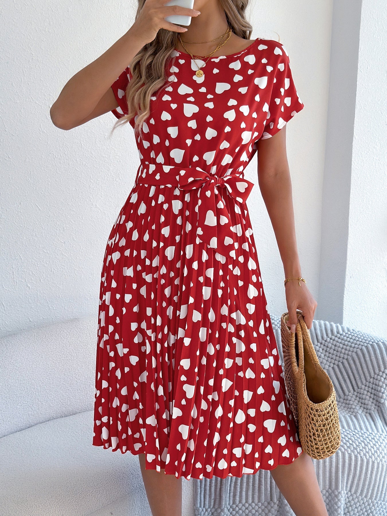 Valentine Day Gift Spring Summer Casual Contrast Color Love Heart Short Sleeve Waist Controlled Pleated Dress Women Clothing by Ragazza