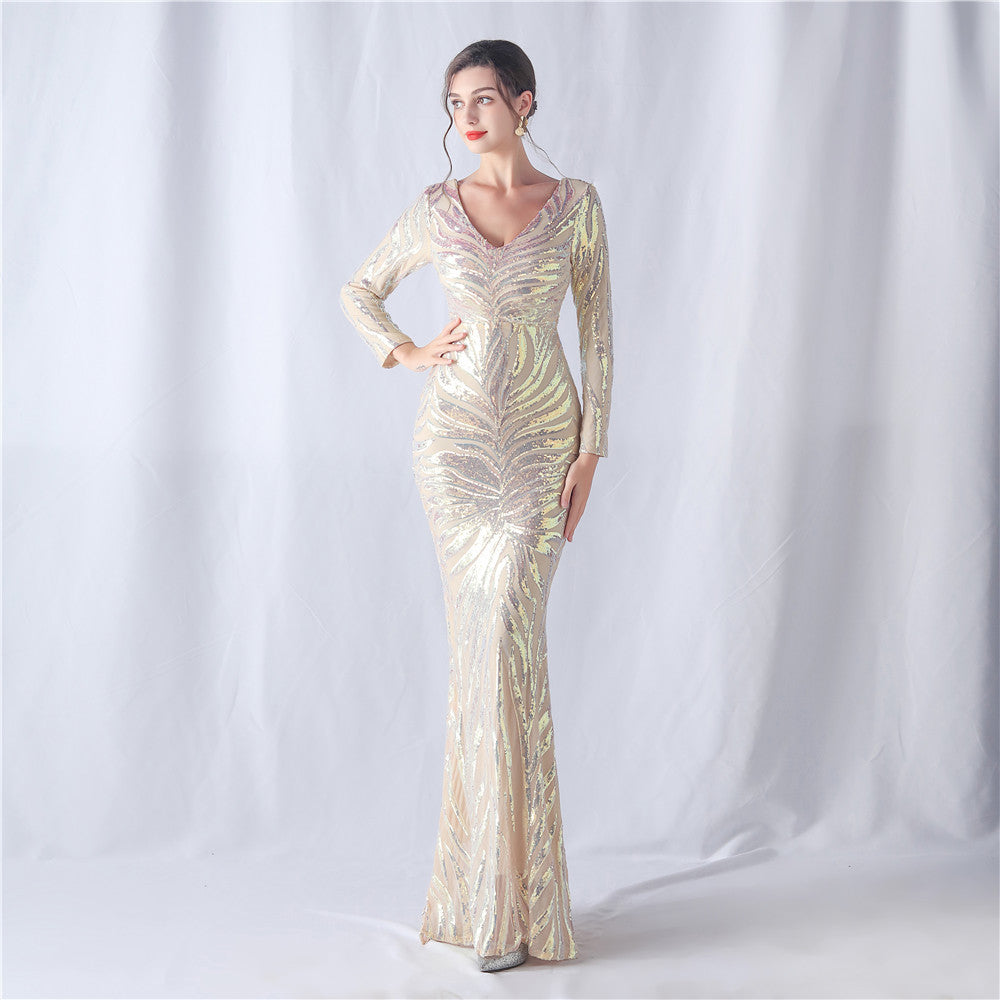 Positioning Floral Cutting Craft Magic Color Sequin Annual Meeting Wedding Long Sleeve Evening Dress by Ragazza