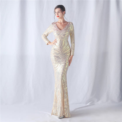 Positioning Floral Cutting Craft Magic Color Sequin Annual Meeting Wedding Long Sleeve Evening Dress by Ragazza