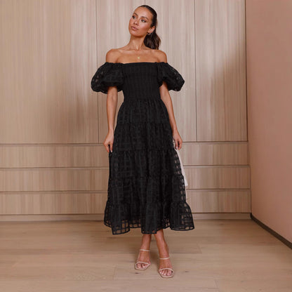 Women One Neck Lantern Sleeve Layer Stitching Dress by Ragazza