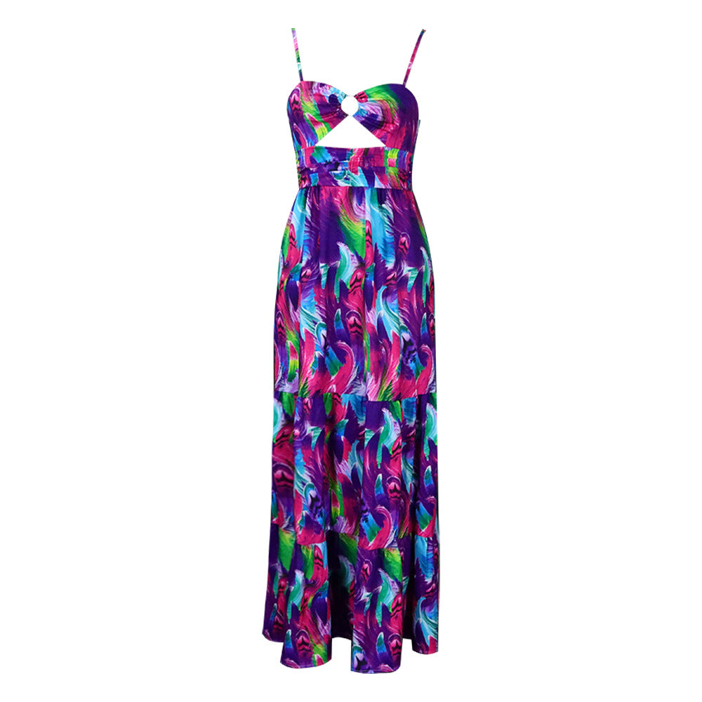 Summer Maxi Dress Spaghetti Strap Floral Print Sexy Large Swing Dress by Ragazza