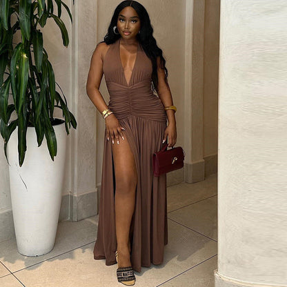 Women Clothing Solid Color Dress Sexy Sleeveless Deep V Plunge Neck Split Casual Waist Controlled Dress by Ragazza