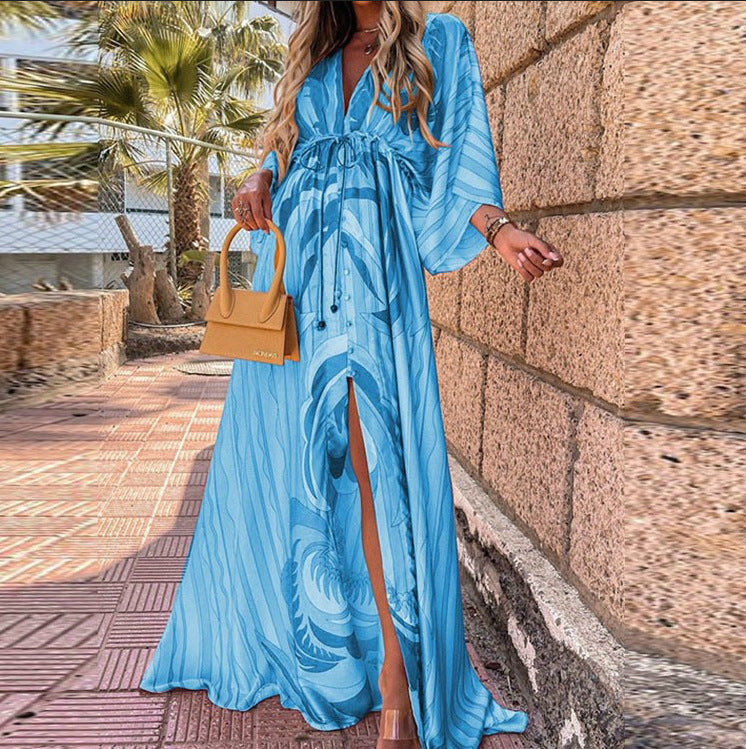 Women Clothing Spring Summer Casual Vacation V neck Printed Dress by Ragazza