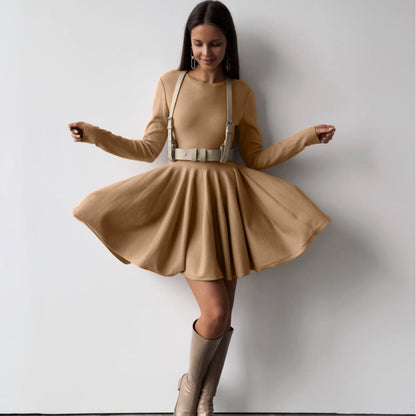 Round Neck Waist Trimming Knitted Dress Women All Match Advanced Pleated Woolen by Ragazza