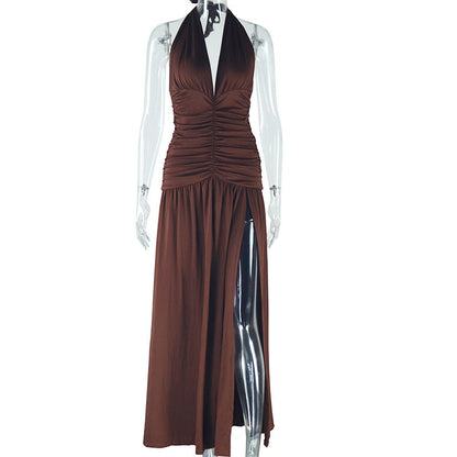 Women Clothing Solid Color Dress Sexy Sleeveless Deep V Plunge Neck Split Casual Waist Controlled Dress by Ragazza