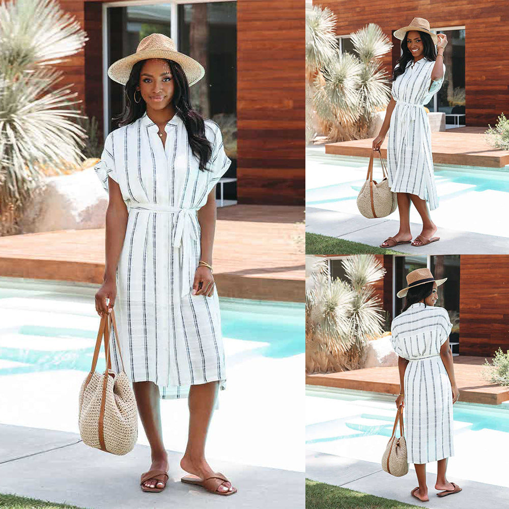 Summer Striped Short-Sleeved Cardigan Single-Breasted Casual Shirtdress Women by Ragazza