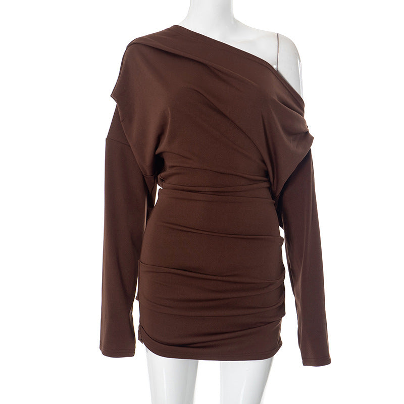 Women Sexy Mature Solid Color Long Sleeve off the Shoulder Upper Body Loose Short Dress by Ragazza