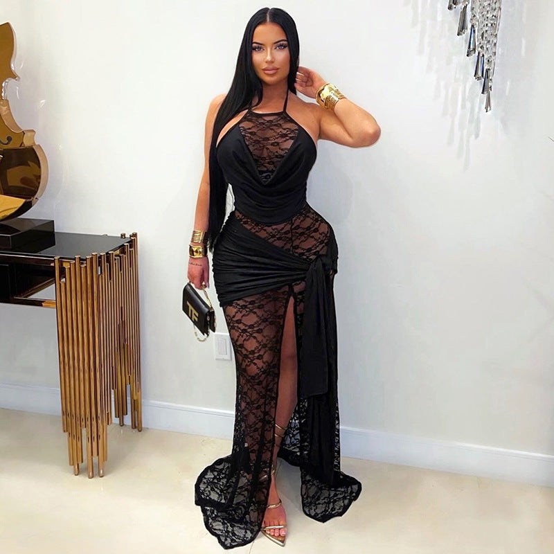 Women Clothing Summer Solid Color Lace Stitching Halter Swing Collar Slit Ribbon Maxi Dress  DestGlow