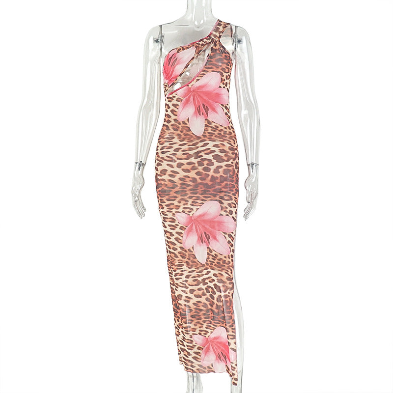 Niche Personality Lady Clothing Bag Stitching Leopard Print Hip Dress Diagonal Collar Wrapped Chest Asymmetric Split Dress by Ragazza