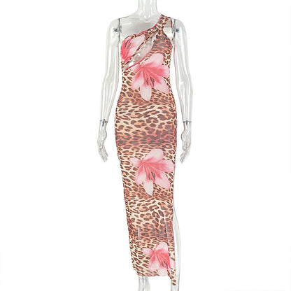 Niche Personality Lady Clothing Bag Stitching Leopard Print Hip Dress Diagonal Collar Wrapped Chest Asymmetric Split Dress by Ragazza