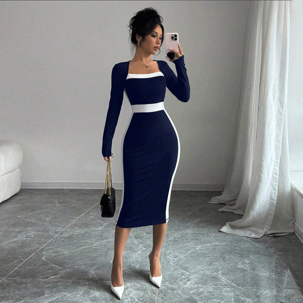 Women Clothing Stitching Contrast Color Midi Dress Sexy Sheath Long Sleeve Dress  DestGlow