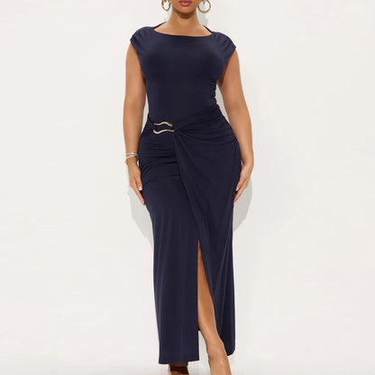 Summer Women Solid Color round Neck Slim Slimming Slit Dress by Ragazza