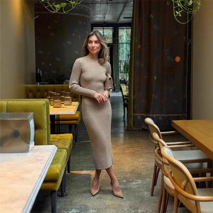 Long Sleeve Fall Winter Sweater Dress Women Knitted round Neck Sunken Stripe Solid Color Tight Dress Women by Ragazza