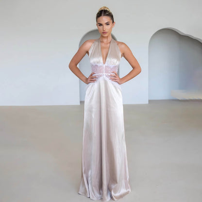 Summer Elegant Deep V Plunge Silky Satin Dress Stitching Halter Waist Tight Sexy Dress by Ragazza