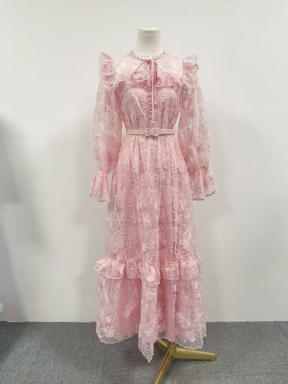 Summer Elegant Retro Lace Belt Lantern Sleeve Slim Slimming High Waist Dress Women by Ragazza