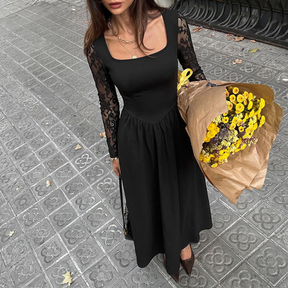 Elegant Lightly Mature Black Square Collar Lace Long Sleeve Dress  DestGlow