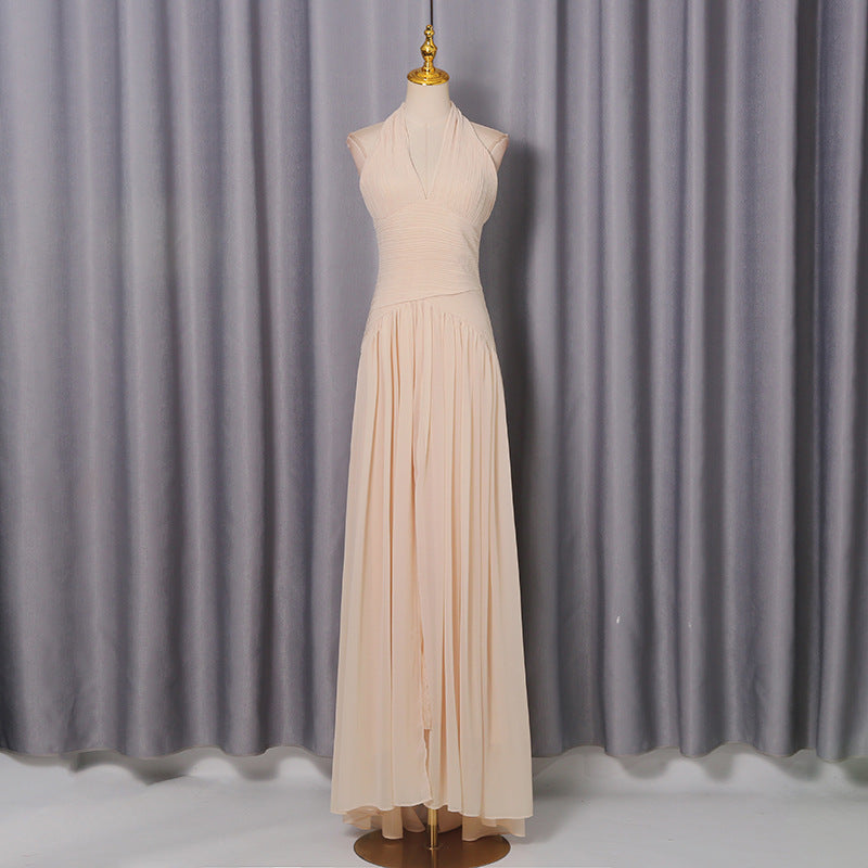 Elegant Elegant Dinner Dress Sexy Deep V Plunge Halter Cinched Pleated Waist Slimming Dress  DestGlow