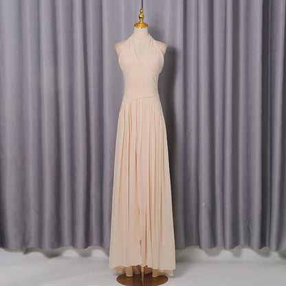 Elegant Elegant Dinner Dress Sexy Deep V Plunge Halter Cinched Pleated Waist Slimming Dress  DestGlow