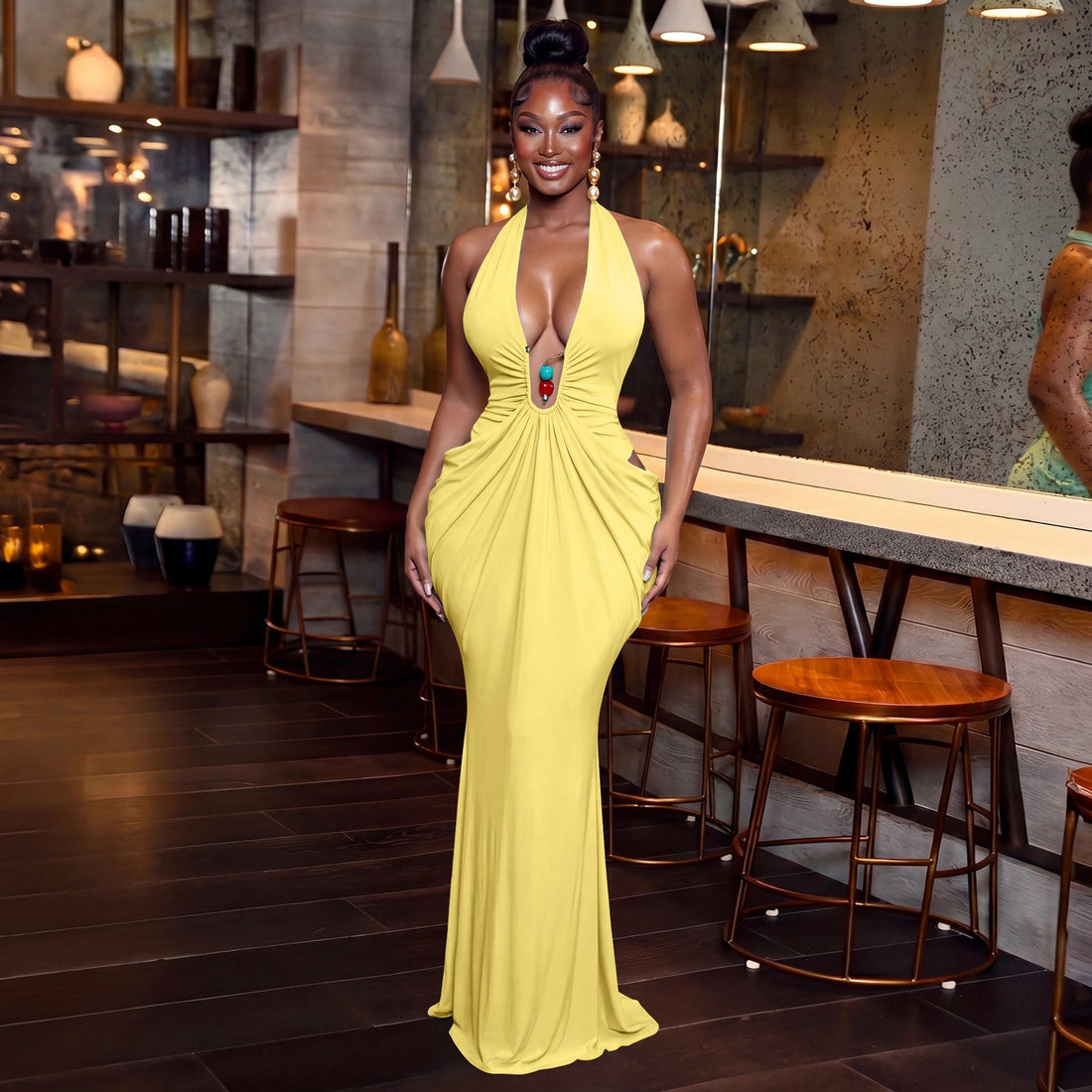 Women Clothing Elegant Halter V neck Sexy Backless Lace up Pleated Maxi Dress  DestGlow