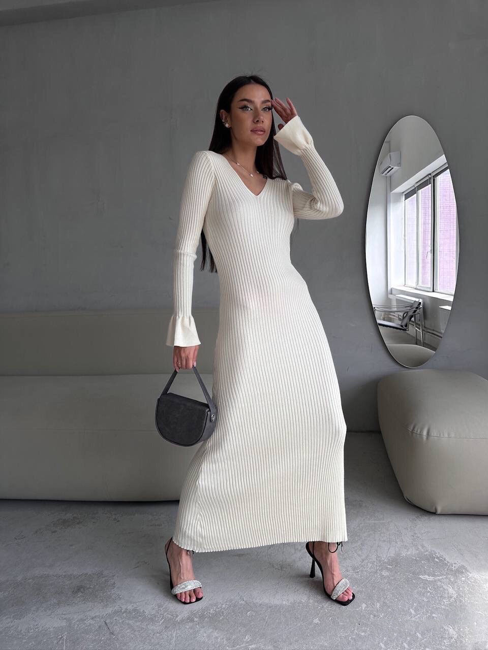 Long Sleeve V neck Tight Knitted Dress Solid Color Rib Fabric Wool Long Autumn Winter Dress by Ragazza