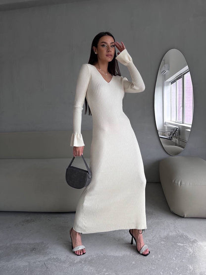 Long Sleeve V neck Tight Knitted Dress Solid Color Rib Fabric Wool Long Autumn Winter Dress by Ragazza