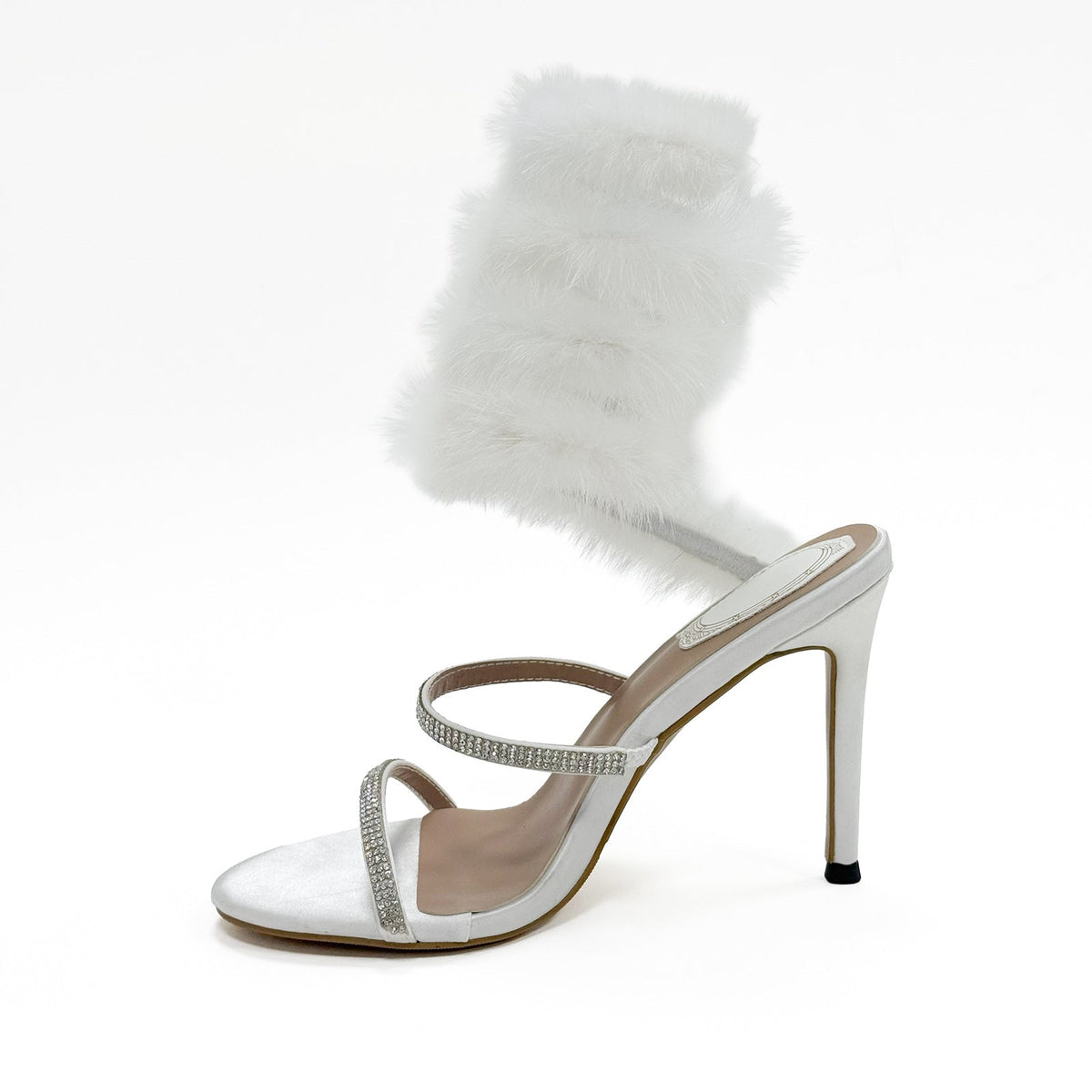 Black White 10cm Stiletto Heel Small round Toe Furry Winding High Heel Sandals Summer Heels  DestGlow