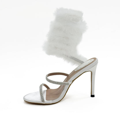 Black White 10cm Stiletto Heel Small round Toe Furry Winding High Heel Sandals Summer Heels  DestGlow
