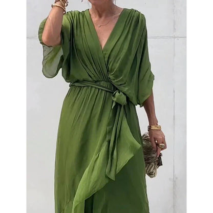 Women Clothing Solid Color Tied Maxi Dress Batwing Sleeve Irregular Asymmetric Dress by Ragazza