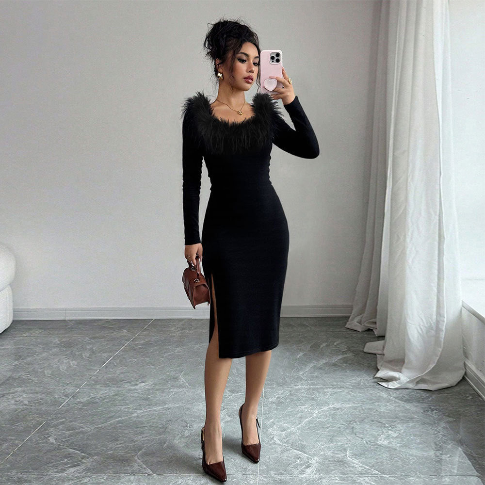 Black Plush Neckline Dress Women Fall Winter Slim Maxi Dress Side Slit Elegant Dinner Dress by Ragazza