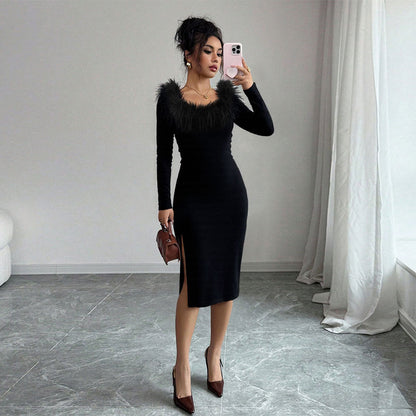 Black Plush Neckline Dress Women Fall Winter Slim Maxi Dress Side Slit Elegant Dinner Dress by Ragazza