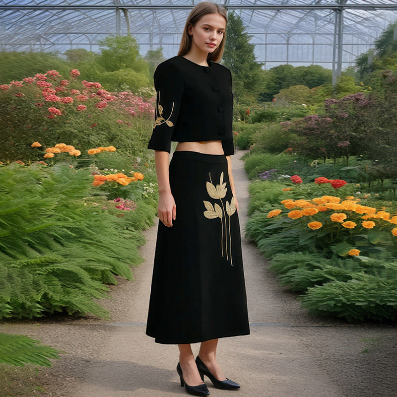 Spring Dignified Floral Machine Embroidery Top High Waist Floral Skirt Two Piece Sets Women by Ragazza