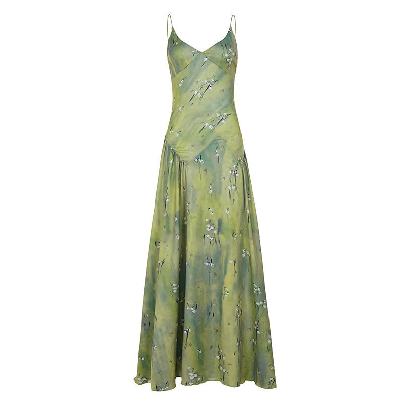 Romantic Floral Printed V neck Strap Dress Vacation Fresh Stylish Elegant Expansion Dress Women  DestGlow