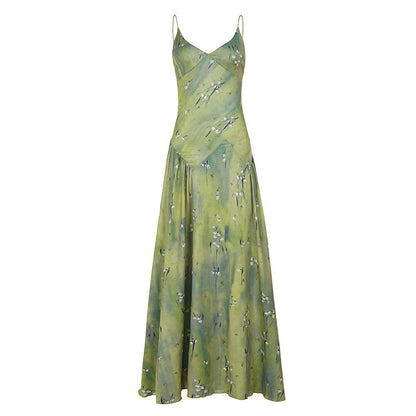Romantic Floral Printed V neck Strap Dress Vacation Fresh Stylish Elegant Expansion Dress Women  DestGlow