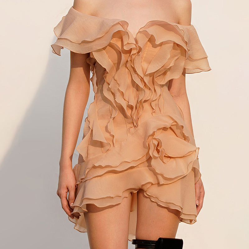 Ruffled off the Shoulder Short Sleeve Dress Women Summer Sweet Slim Fit Flying Sleeves Short Dress by Ragazza